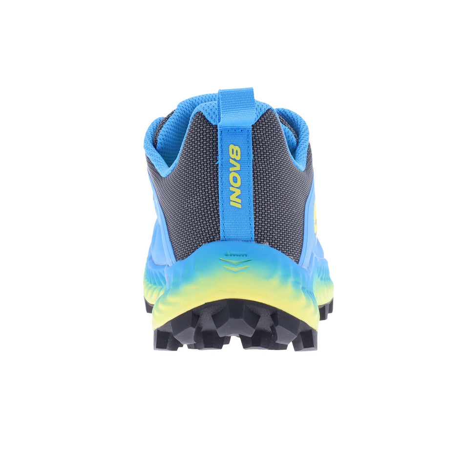 Right shoe posterior view of INOV8 Men's Mudtalon Running Shoes in Dark Grey/Blue/Yellow (8191012208802)