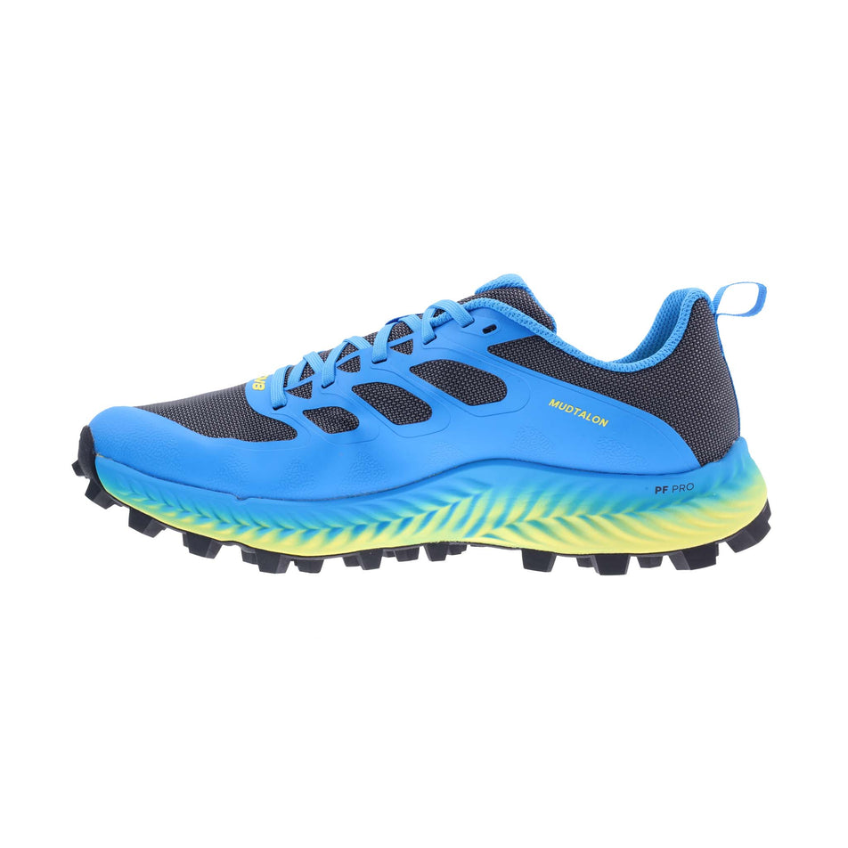 Right shoe medial view of INOV8 Men's Mudtalon Running Shoes in Dark Grey/Blue/Yellow (8191012208802)