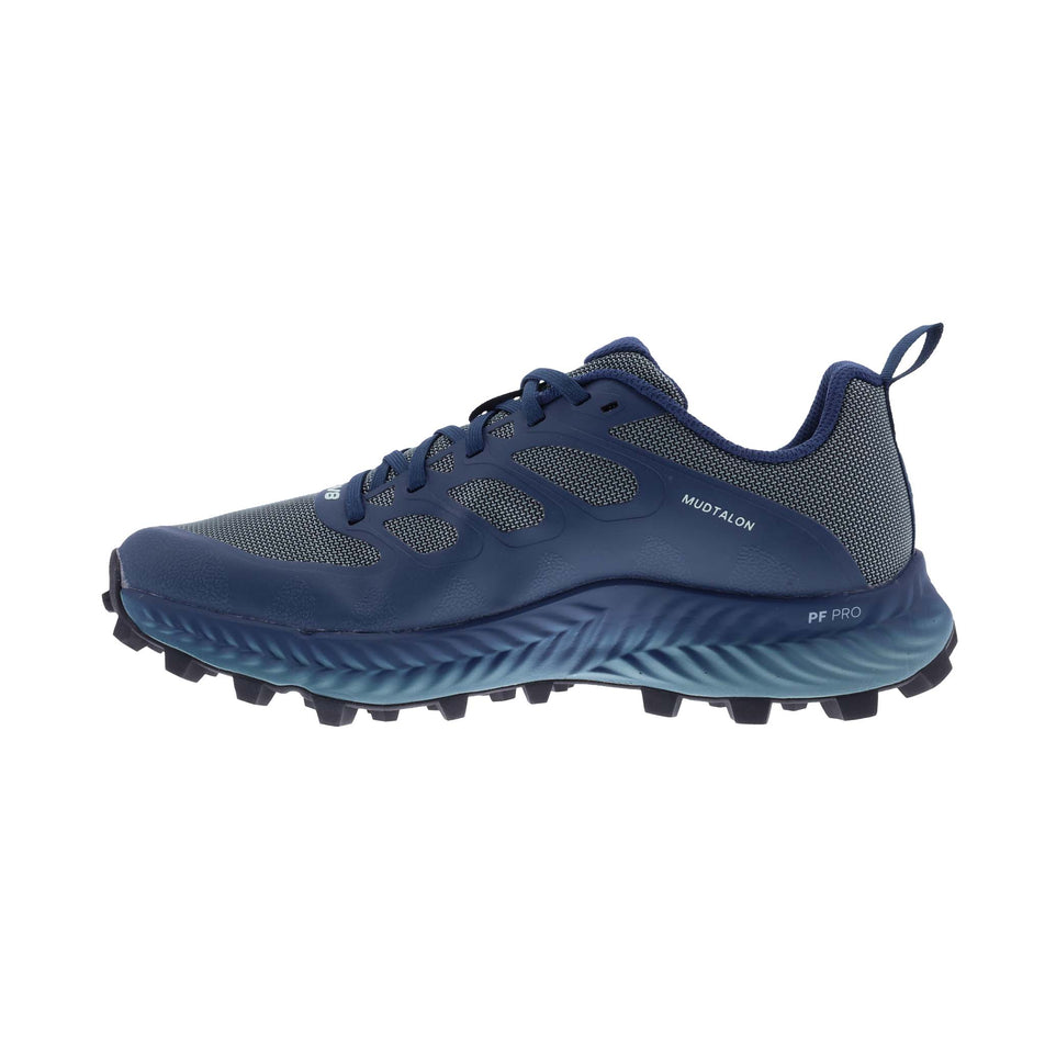 Right shoe medial view  of INOV8 Women's Mudtalon Running Shoes in Storm Blue/Navy (8191016861858)
