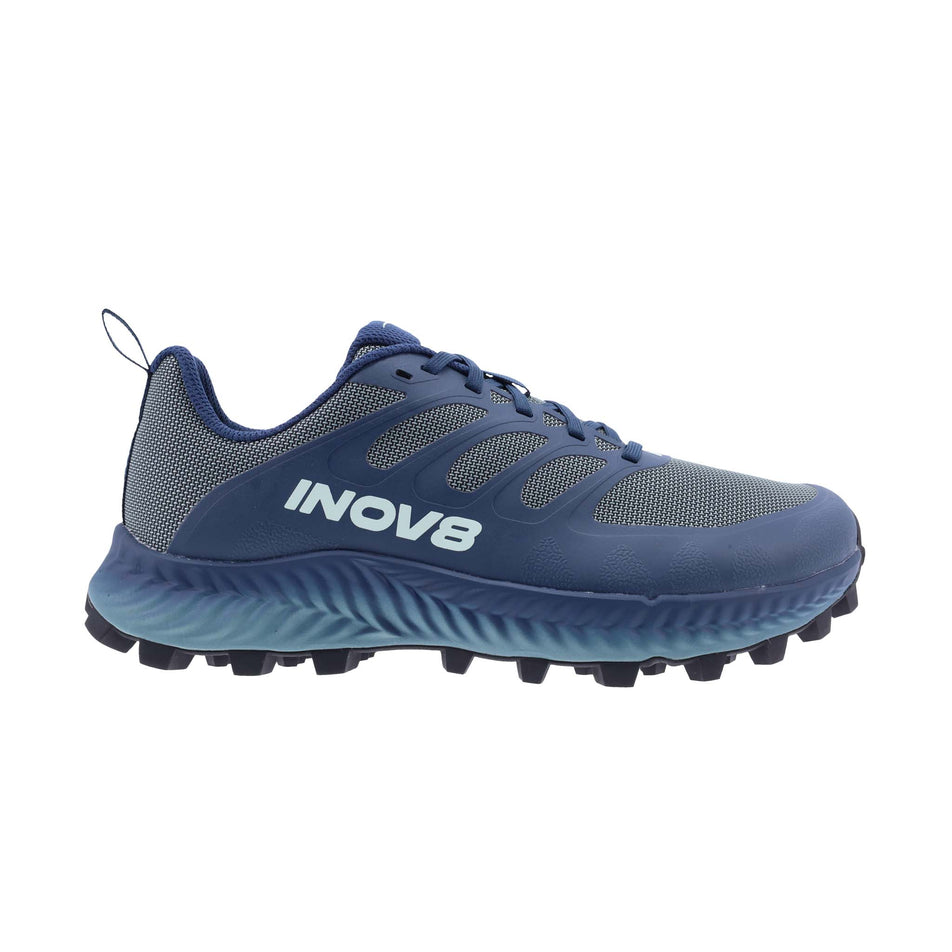 Right shoe lateral view of INOV8 Women's Mudtalon Running Shoes in Storm Blue/Navy (8191016861858)