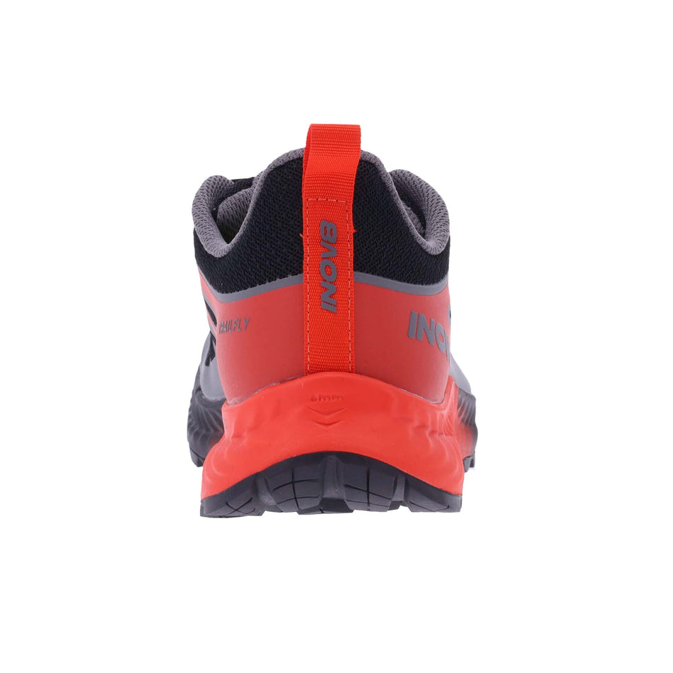Right shoe posterior view of INOV8 Men's TrailFly Running Shoes in Black/Fiery Red/Dark Grey (8190993596578)