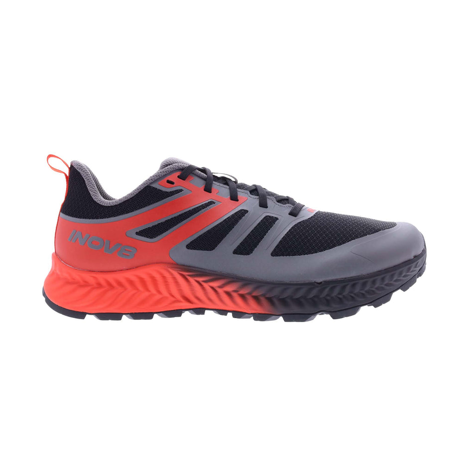 Right shoe lateral view of INOV8 Men's TrailFly Running Shoes in Black/Fiery Red/Dark Grey (8190993596578)