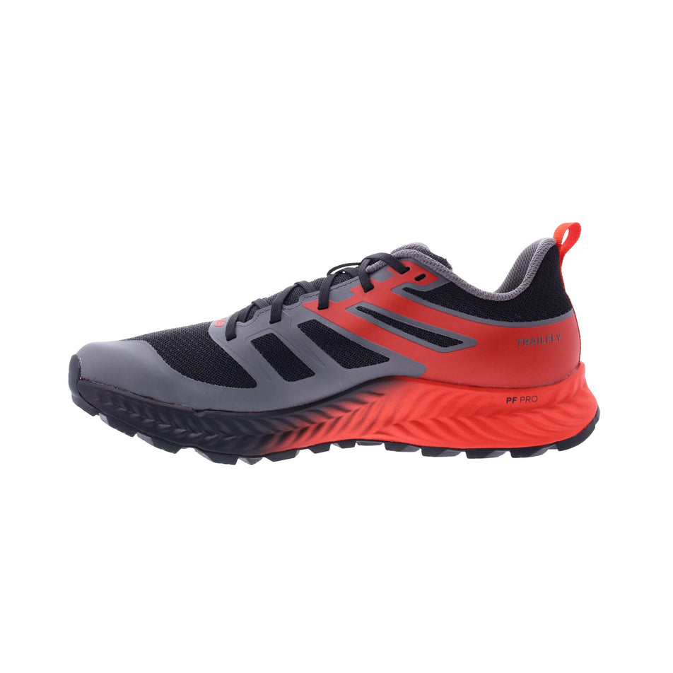 Right shoe medial view of INOV8 Men's TrailFly Running Shoes in Black/Fiery Red/Dark Grey (8190993596578)