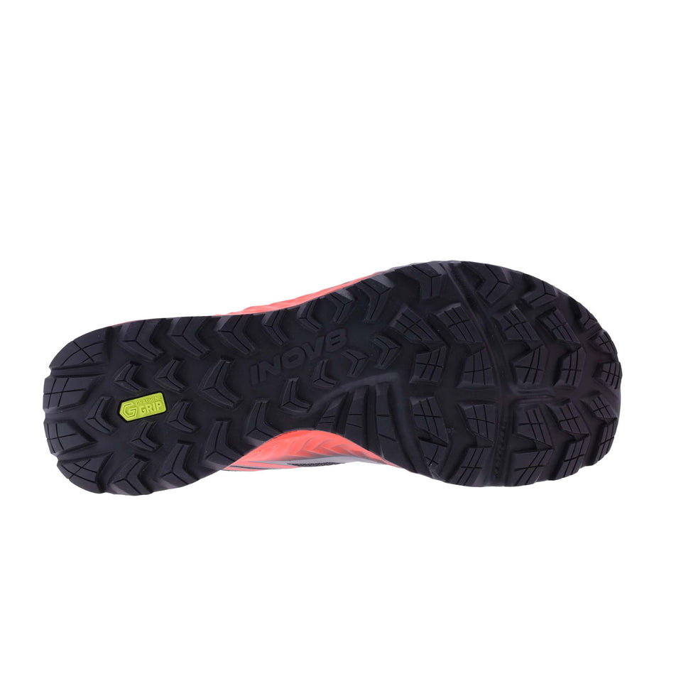 Right shoe outsole view of INOV8 Men's TrailFly Running Shoes in Black/Fiery Red/Dark Grey (8190993596578)
