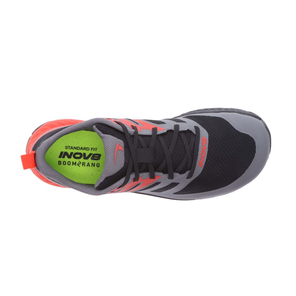 Right shoe upper view of INOV8 Men's TrailFly Running Shoes in Black/Fiery Red/Dark Grey (8190993596578)