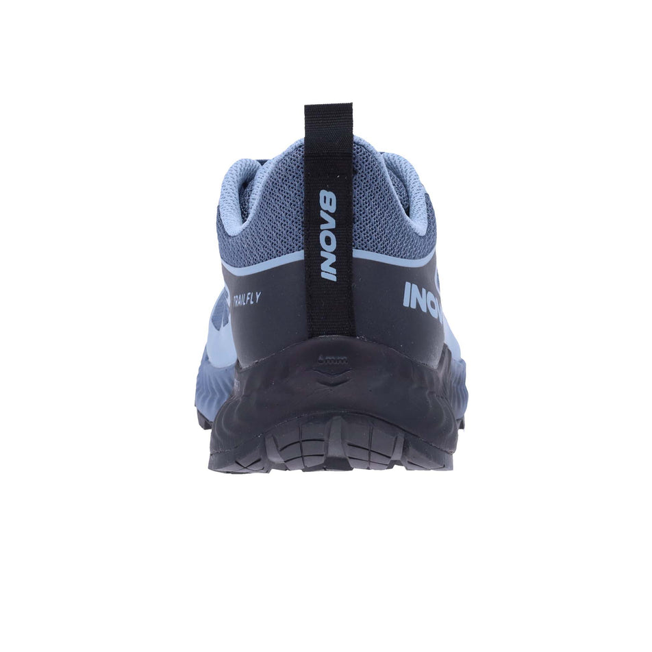 Right shoe posterior view of INOV8 Women's TrailFly Running Shoes in Blue Grey/Black/Slate (8191005786274)