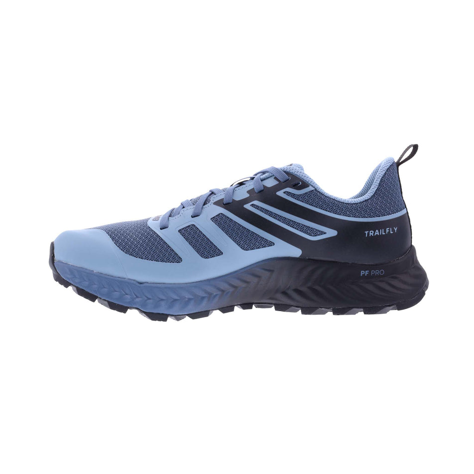 Right shoe medial view of INOV8 Women's TrailFly Running Shoes in Blue Grey/Black/Slate (8191005786274)