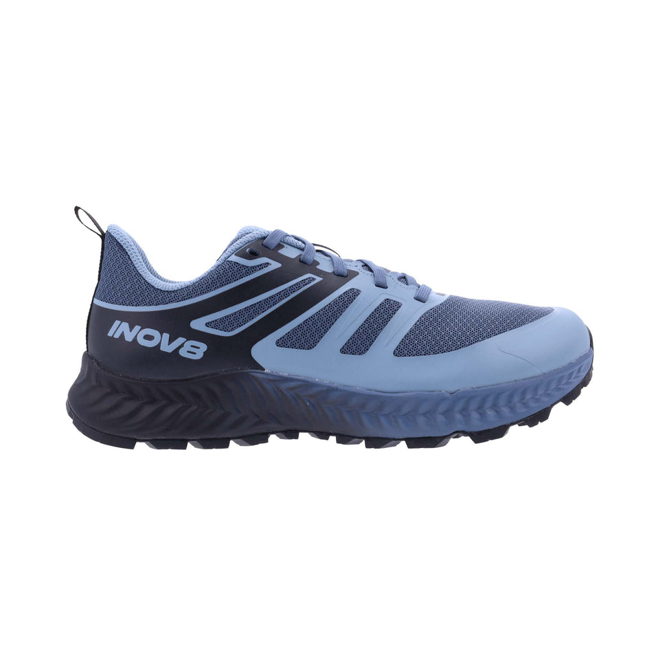 Right shoe lateral view of INOV8 Women's TrailFly Running Shoes in Blue Grey/Black/Slate (8191005786274)