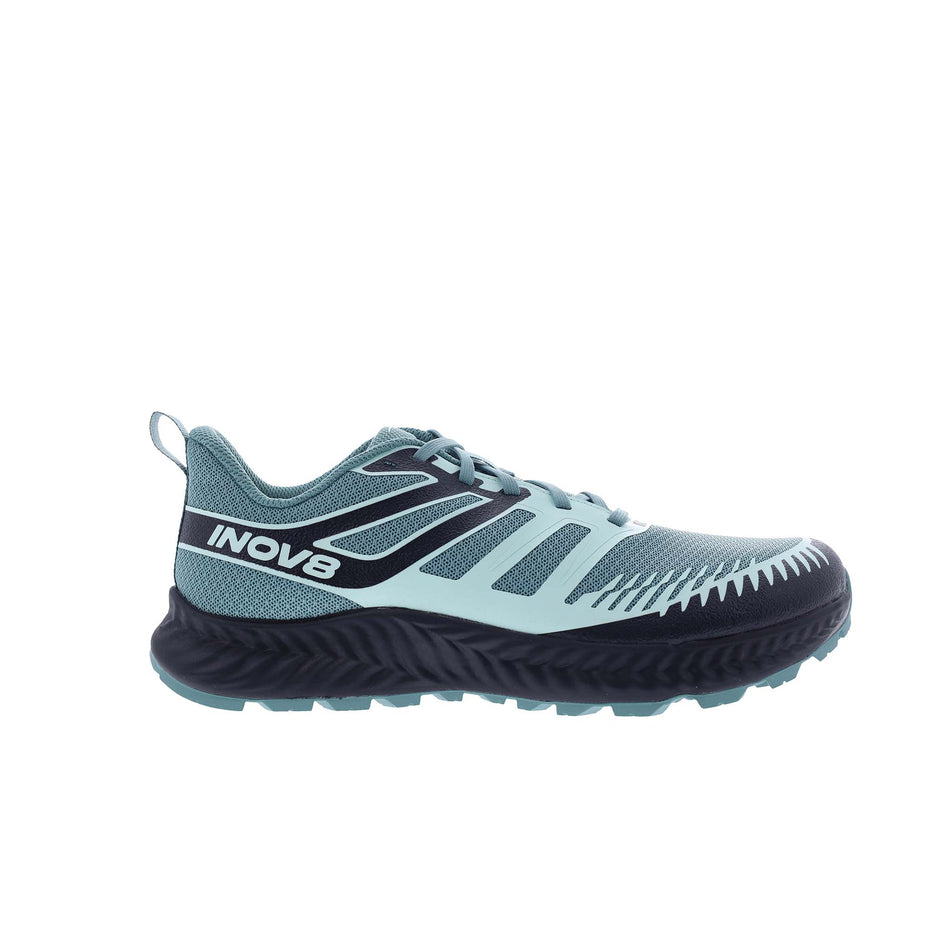Lateral side of the right shoe from a pair of INOV8 Women's TrailFly Running Shoes in the Light Green/Dark Teal colourway. (8628495483042)