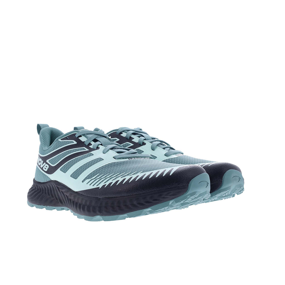 A pair of INOV8 Women's TrailFly Running Shoes in the Light Green/Dark Teal colourway. (8628495483042)