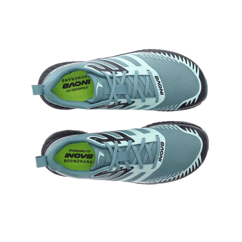 The uppers on a pair of INOV8 Women's TrailFly Running Shoes in the Light Green/Dark Teal colourway. (8628495483042)