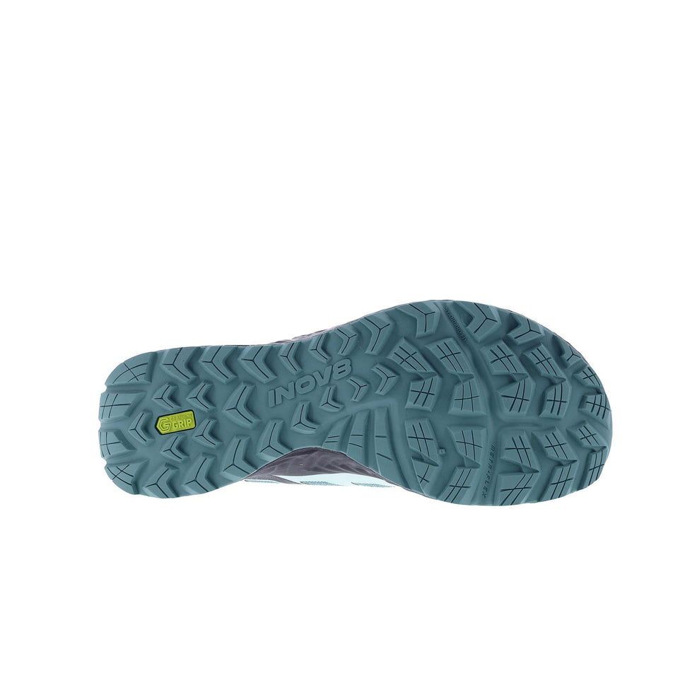 Outsole of the right shoe from a pair of INOV8 Women's TrailFly Running Shoes in the Light Green/Dark Teal colourway. (8628495483042)