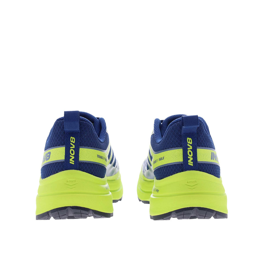 The back of a pair of INOV8 Men's TrailFly Max Running Shoes in the Blue/Lime/Black colourway. (8628487225506)