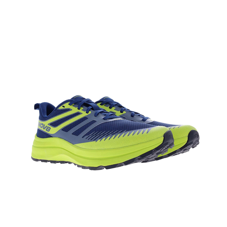 A pair of INOV8 Men's TrailFly Max Running Shoes in the Blue/Lime/Black colourway. (8628487225506)