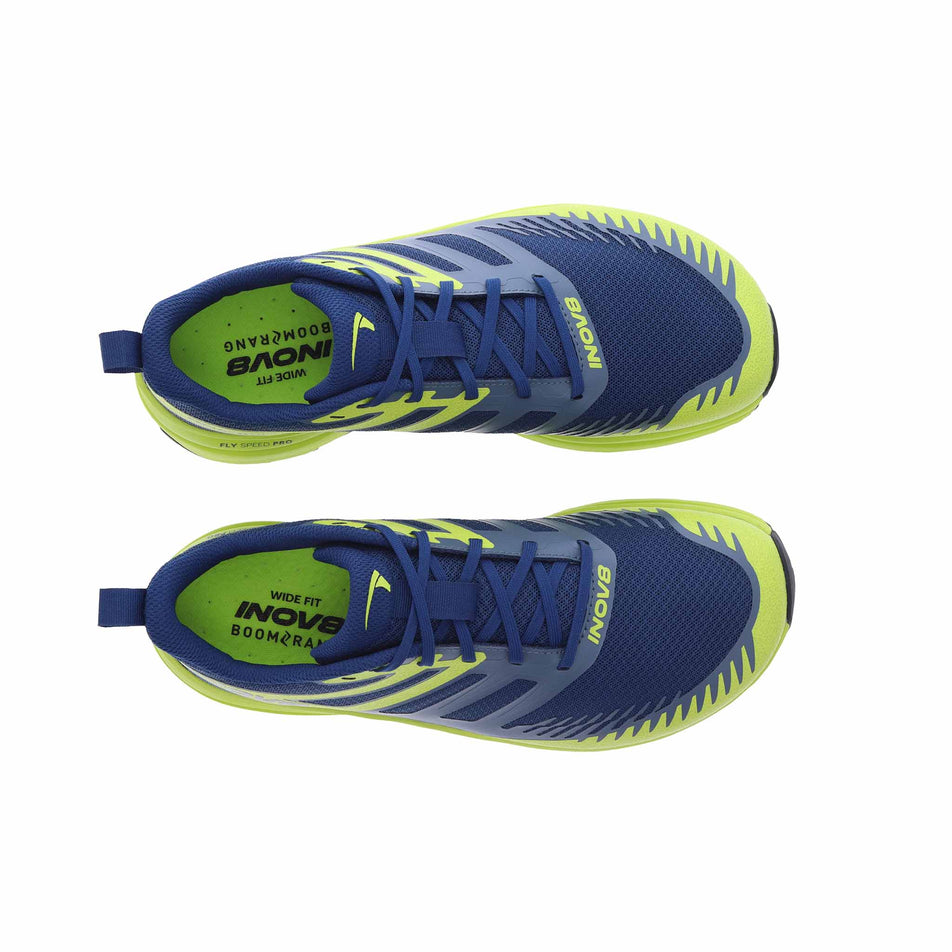 The uppers on a pair of INOV8 Men's TrailFly Max Running Shoes in the Blue/Lime/Black colourway. (8628487225506)