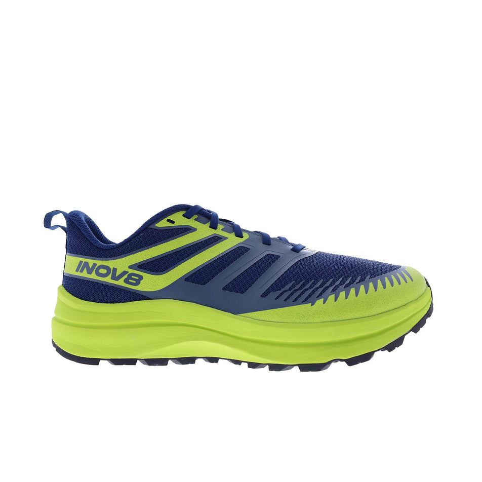 Lateral side of the right shoe from a pair of INOV8 Men's TrailFly Max Running Shoes in the Blue/Lime/Black colourway. (8628487225506)