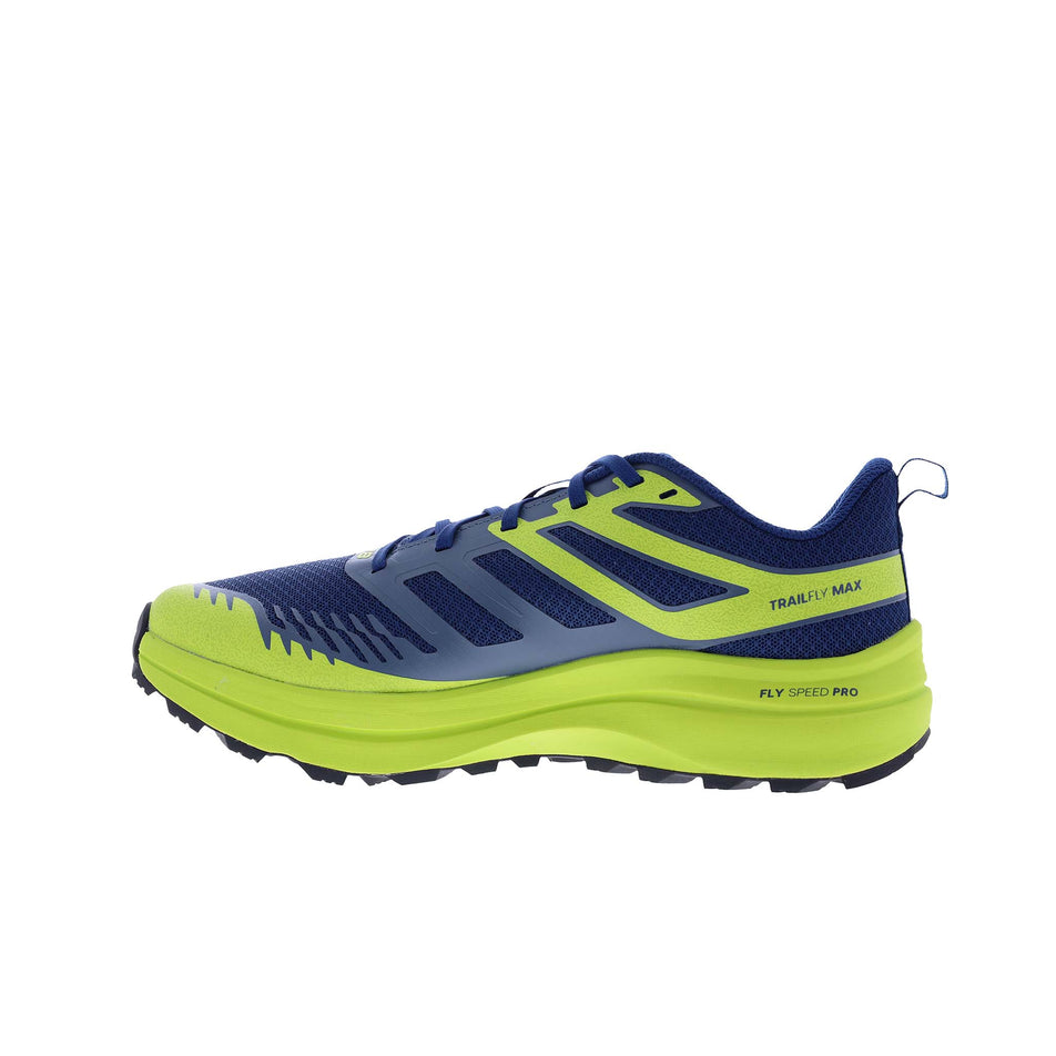 Medial side of the right shoe from a pair of INOV8 Men's TrailFly Max Running Shoes in the Blue/Lime/Black colourway. (8628487225506)
