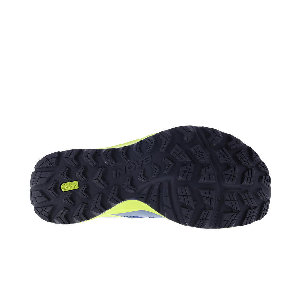 Outsole of the right shoe from a pair of INOV8 Men's TrailFly Max Running Shoes in the Blue/Lime/Black colourway. (8628487225506)