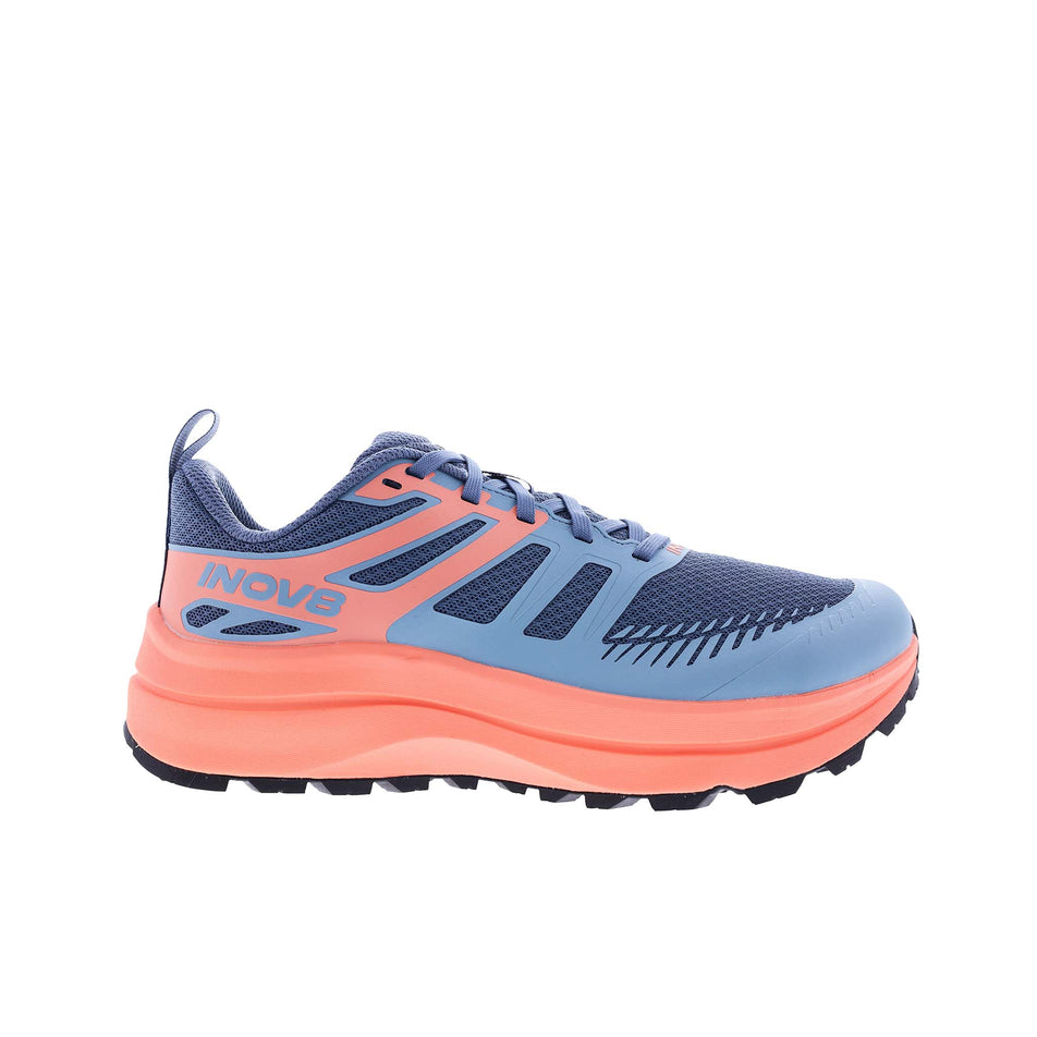 Lateral side of the right shoe from a pair of INOV8 Women's TrailFly Max Running Shoes in the Blue Grey/Coral/Light Grey colourway. (8628507148450)