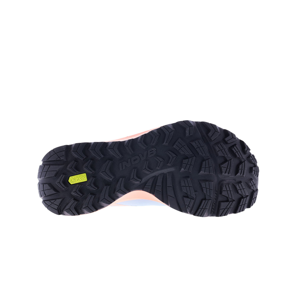 Outsole of the right shoe from a pair of INOV8 Women's TrailFly Max Running Shoes in the Light Green/Dark Teal colourway. (8628507148450)