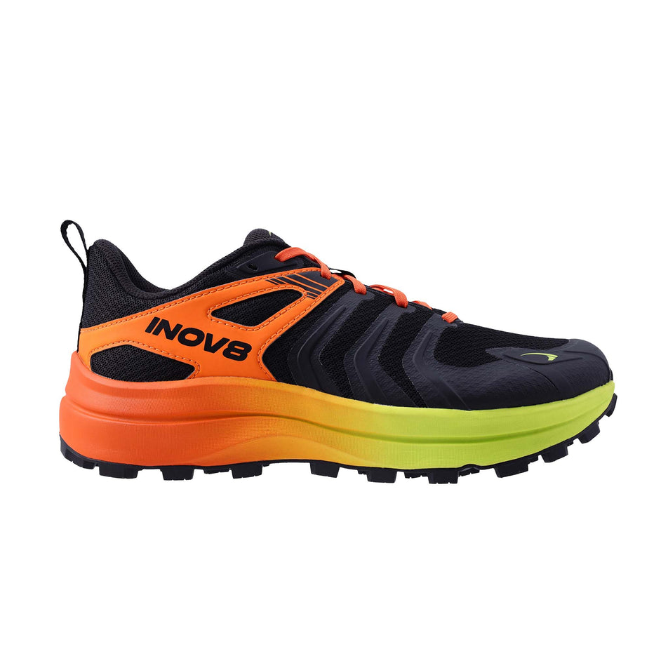 Lateral view of the right shoe from a pair of INOV8 Men's Trailtalon Max Running Shoes in the Black/Orange/Lime colourway.