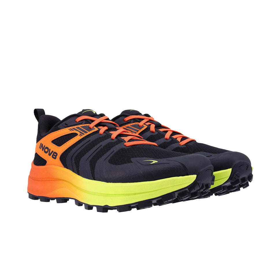 A pair of INOV8 Men's Trailtalon Max Running Shoes in the Black/Orange/Lime colourway.