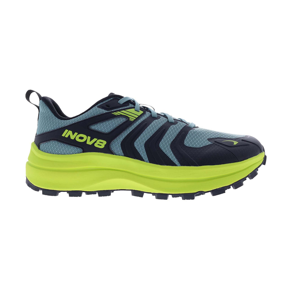 Lateral view of the right shoe from a pair of INOV8 Men's Trailtalon Max Running Shoes in the Dark Green/Green colourway.