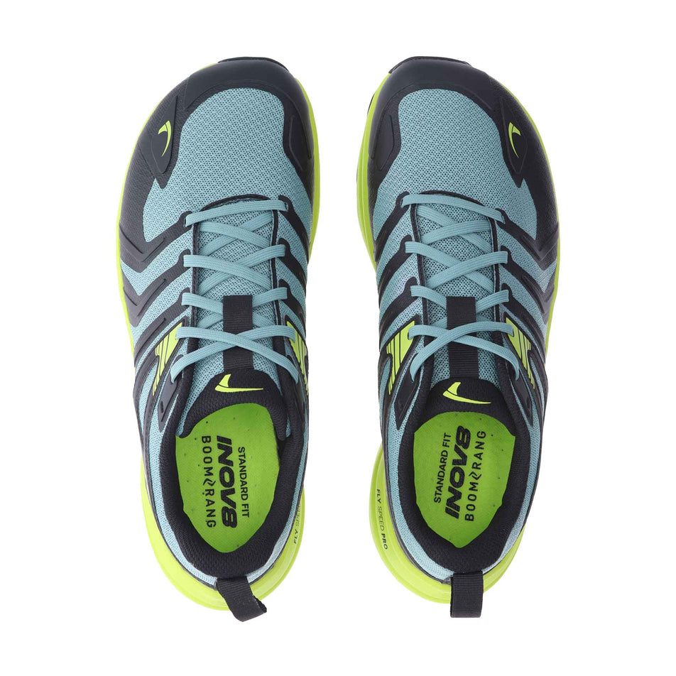 The uppers of a pair of INOV8 Men's Trailtalon Max Running Shoes in the Dark Green/Green colourway.