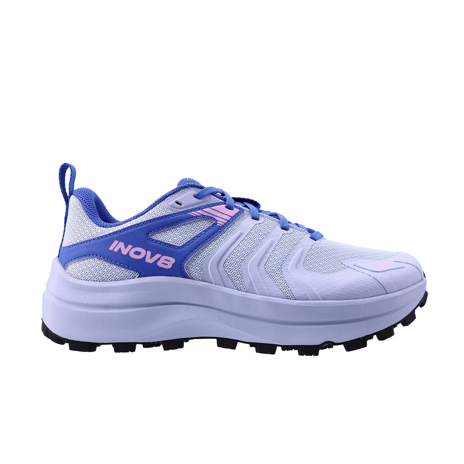 Lateral view of the right shoe from a pair of INOV8 Women's Trailtalon Max Running Shoes in the Light Blue/Blue colourway.