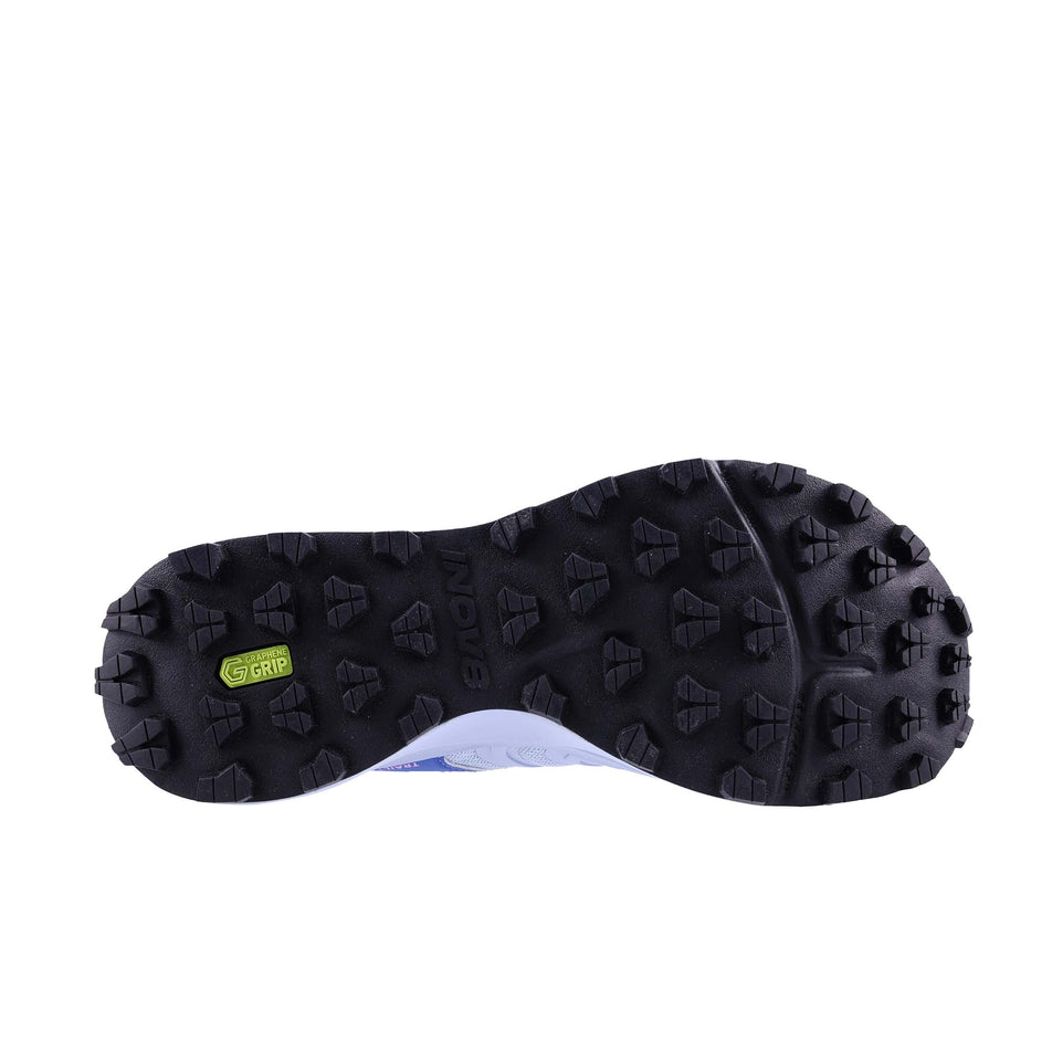 The outsole of the right shoe from a pair of INOV8 Women's Trailtalon Max Running Shoes in the Light Blue/Blue colourway.