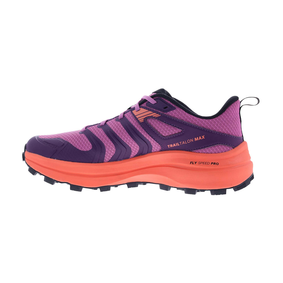 Medial view of the right shoe from a pair of INOV8 Women's Trailtalon Max Running Shoes in the Purple/Coral colourway.