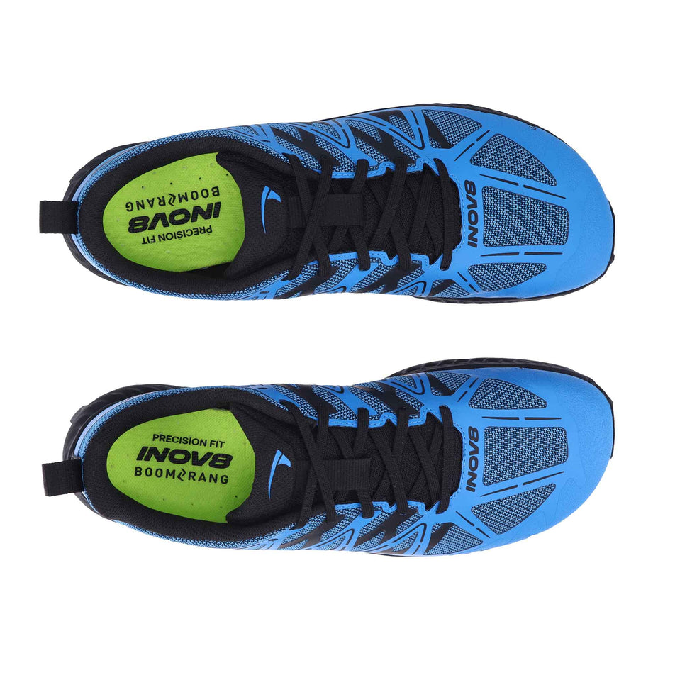 The uppers of a pair of INOV8 Men's Mudtalon™ V2 Running Shoes in the Blue/Black colourway.