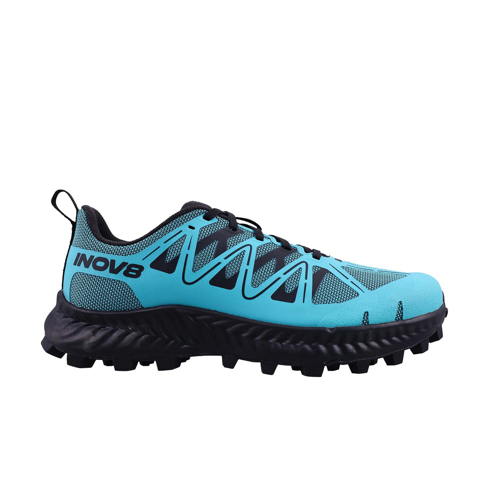 Lateral view of the right shoe from a pair of INOV8 Women's Mudtalon™ V2 Running Shoes in the Teal/Black colourway.