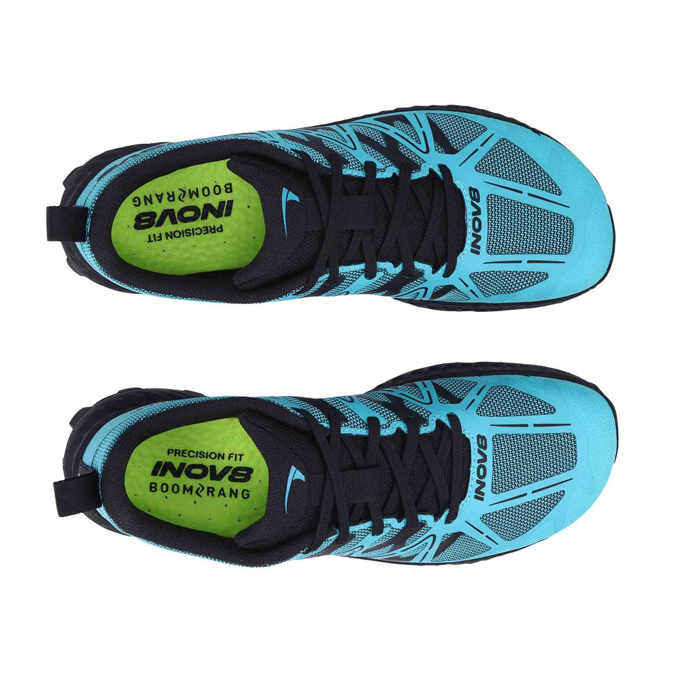 The uppers of a pair of INOV8 Women's Mudtalon™ V2 Running Shoes in the Teal/Black colourway.