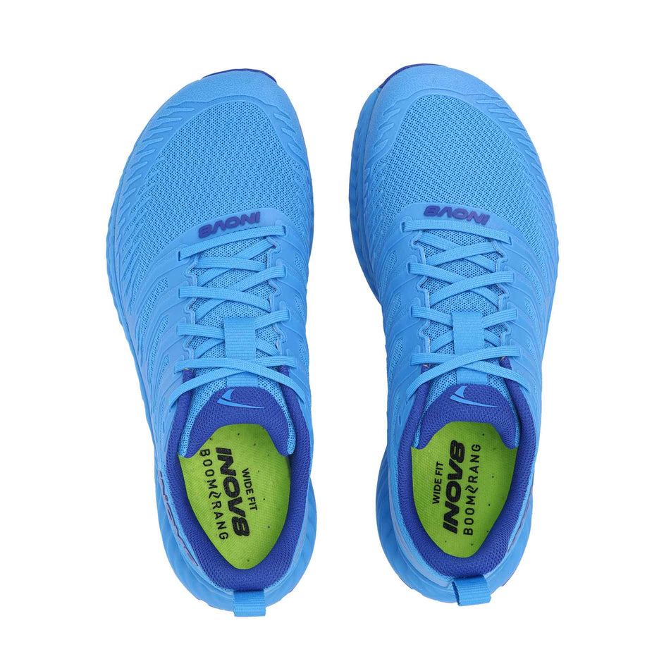 The uppers of a pair of INOV8 Men's TrailFly V2 Running Shoes in the Blue colourway.