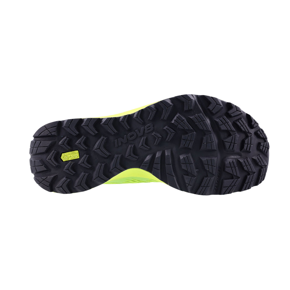 The outsole of the right shoe from a pair of INOV8 Men's TrailFly™ Max V2 Running Shoes in the Green colourway.