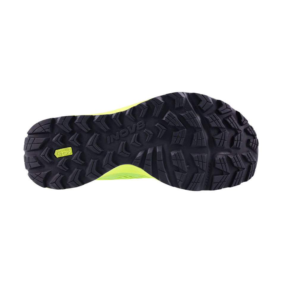 The outsole of the right shoe from a pair of INOV8 Women's TrailFly™ Max V2 Running Shoes in the Green colourway.