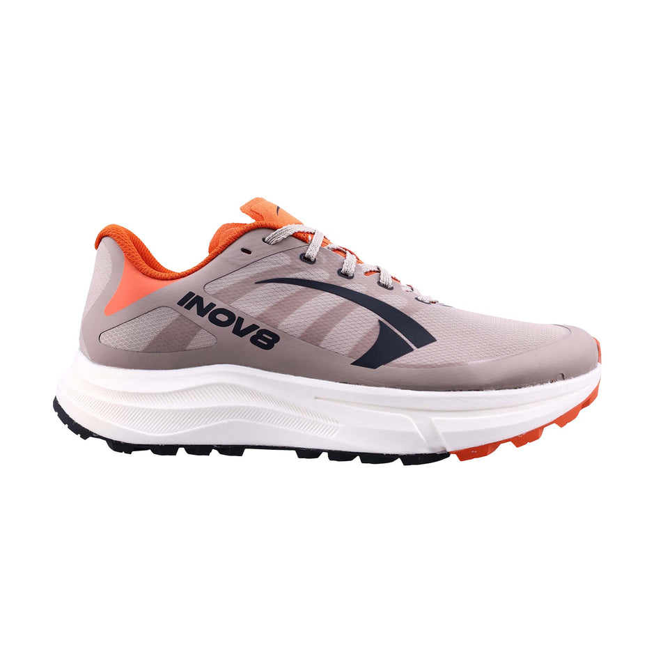 Lateral view of the right shoe from a pair of INOV8 Men's TrailFly Pro Running Shoes in the Light Brown/Orange colourway.