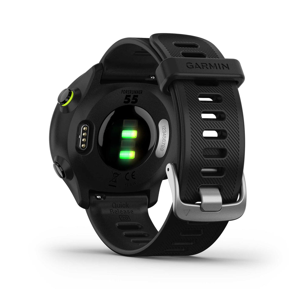 Back view of the unisex Garmin Forerunner 55 Running Watch in the Black colourway.