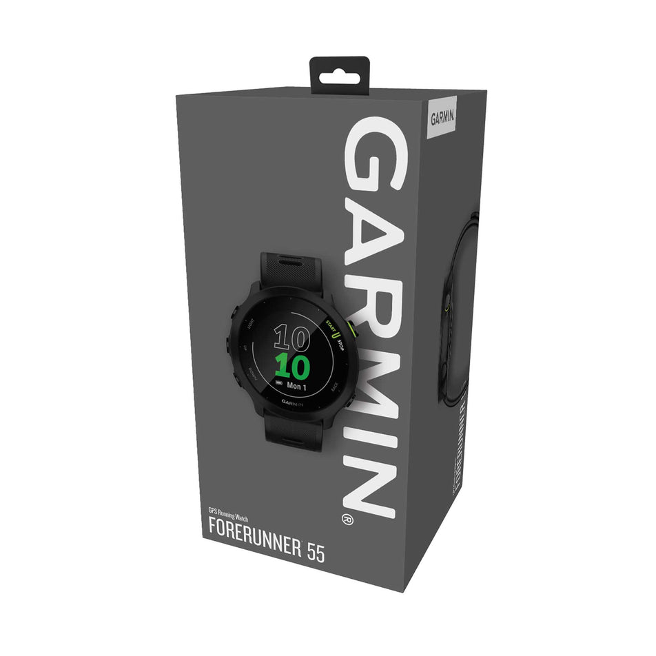 A unisex Garmin Forerunner 55 Running Watch in the Black colourway box.