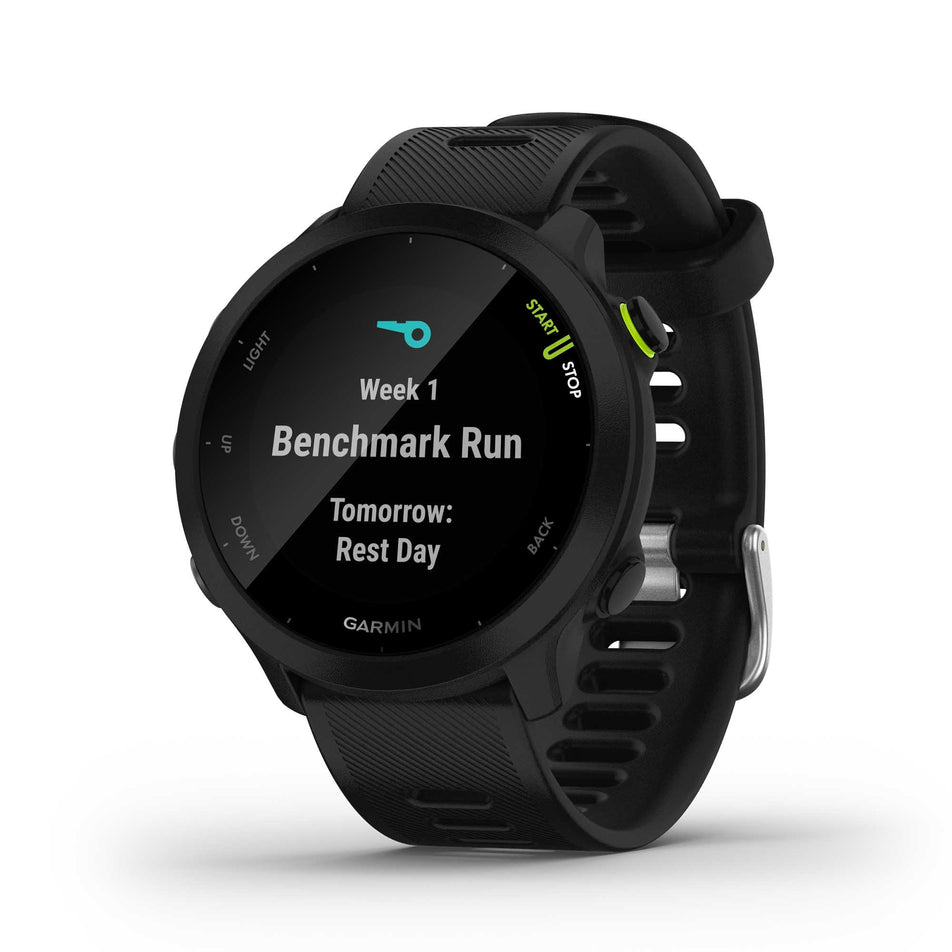 Training schedule view on the unisex Garmin Forerunner 55 Running Watch in the Black colourway.