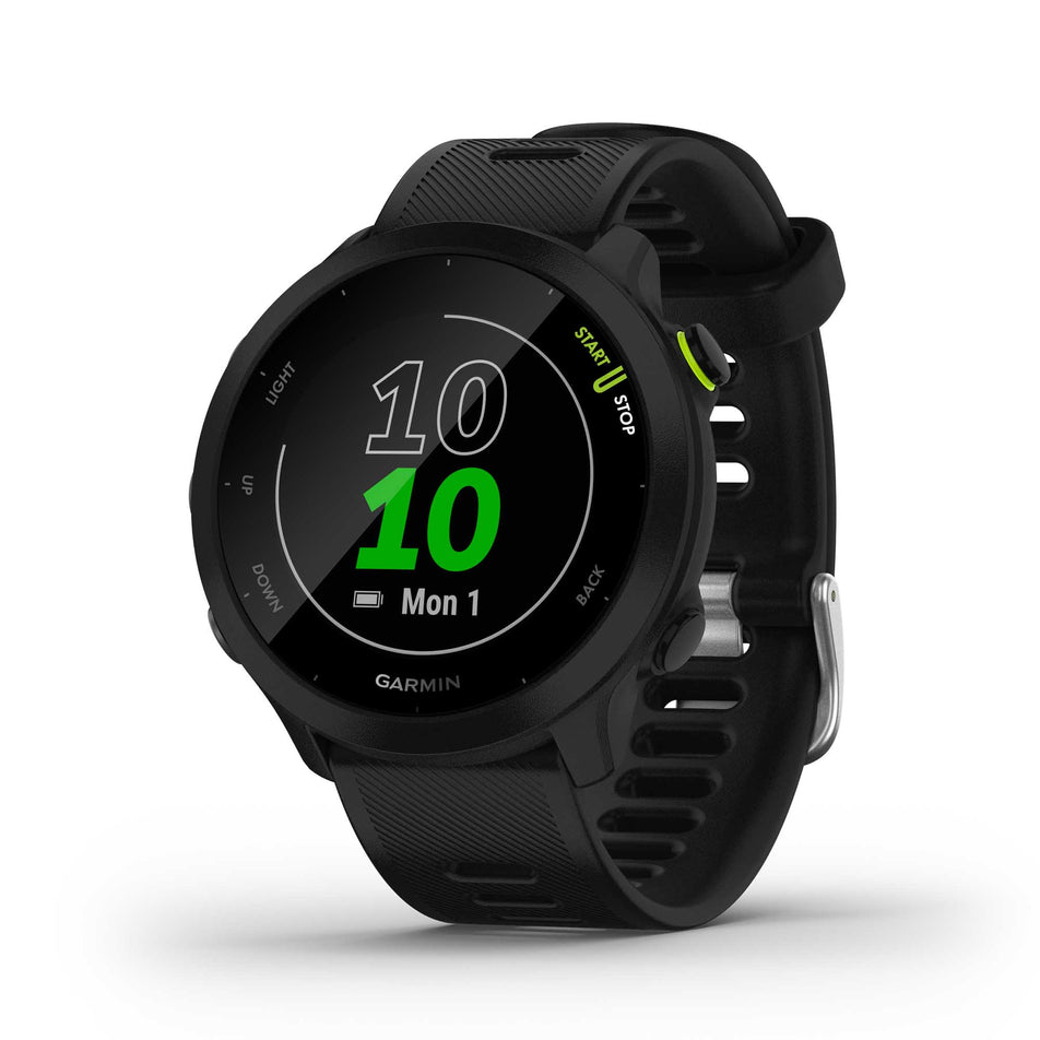 Watch view on the unisex Garmin Forerunner 55 Running Watch in the Black colourway.