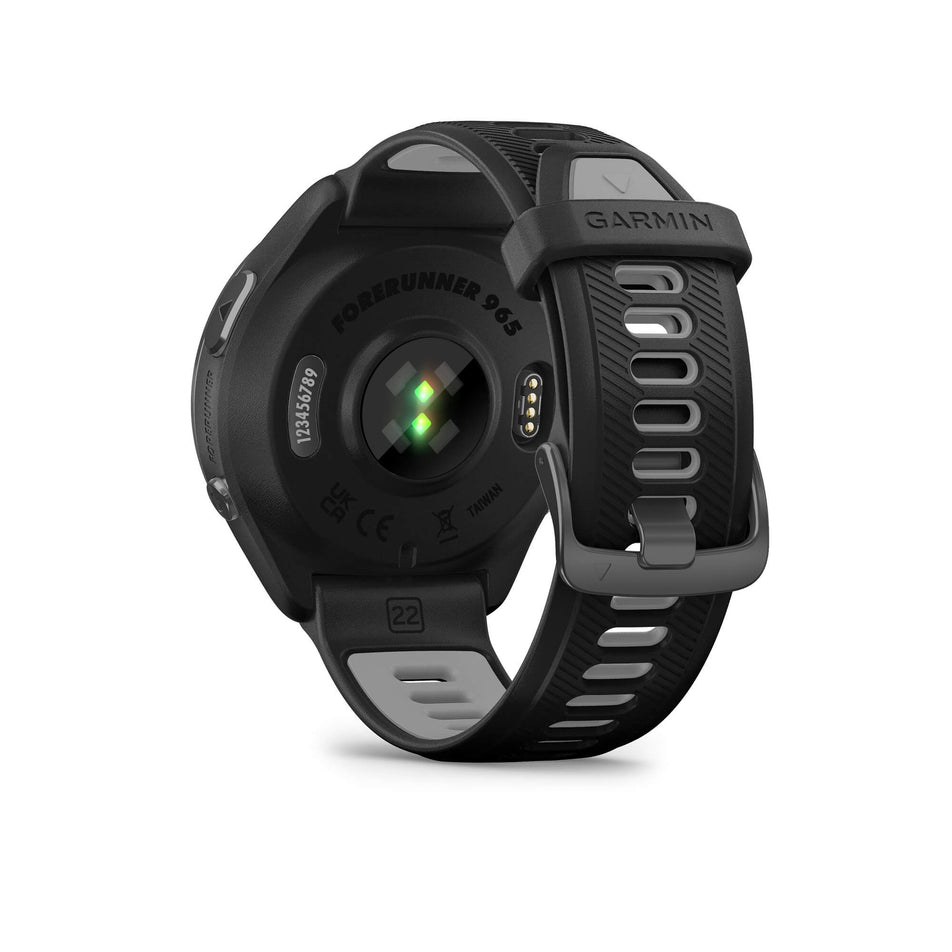 The wrist-based heart rate sensor on a Garmin Forerunner 965 Running Smartwatch. Carbon Grey DLC Titanium Bezel with Black Case and Black/Powder Grey Silicone Band. (7909894389922)
