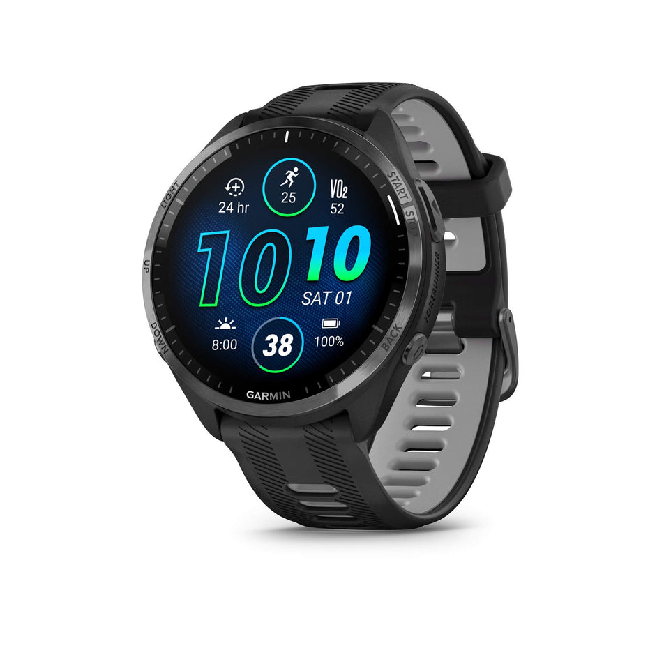 The front of a Garmin Forerunner 965 Running Smartwatch.  Carbon Grey DLC Titanium Bezel with Black Case and Black/Powder Grey Silicone Band. (7909894389922)