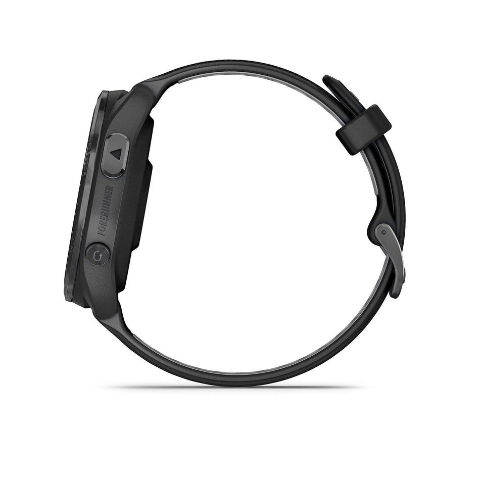The side of a Garmin Forerunner 965 Running Smartwatch. Carbon Grey DLC Titanium Bezel with Black Case and Black/Powder Grey Silicone Band.  (7909894389922)