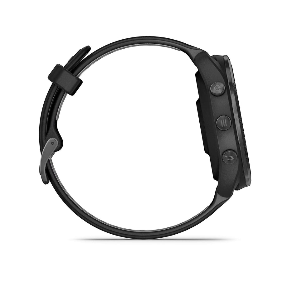 The side of a Garmin Forerunner 965 Running Smartwatch. Carbon Grey DLC Titanium Bezel with Black Case and Black/Powder Grey Silicone Band. (7909894389922)