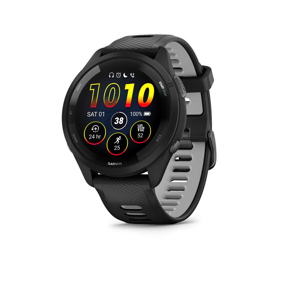 Front view of a Garmin Forerunner 265 Running Smartwatch in the black colourway.  (7909875974306)