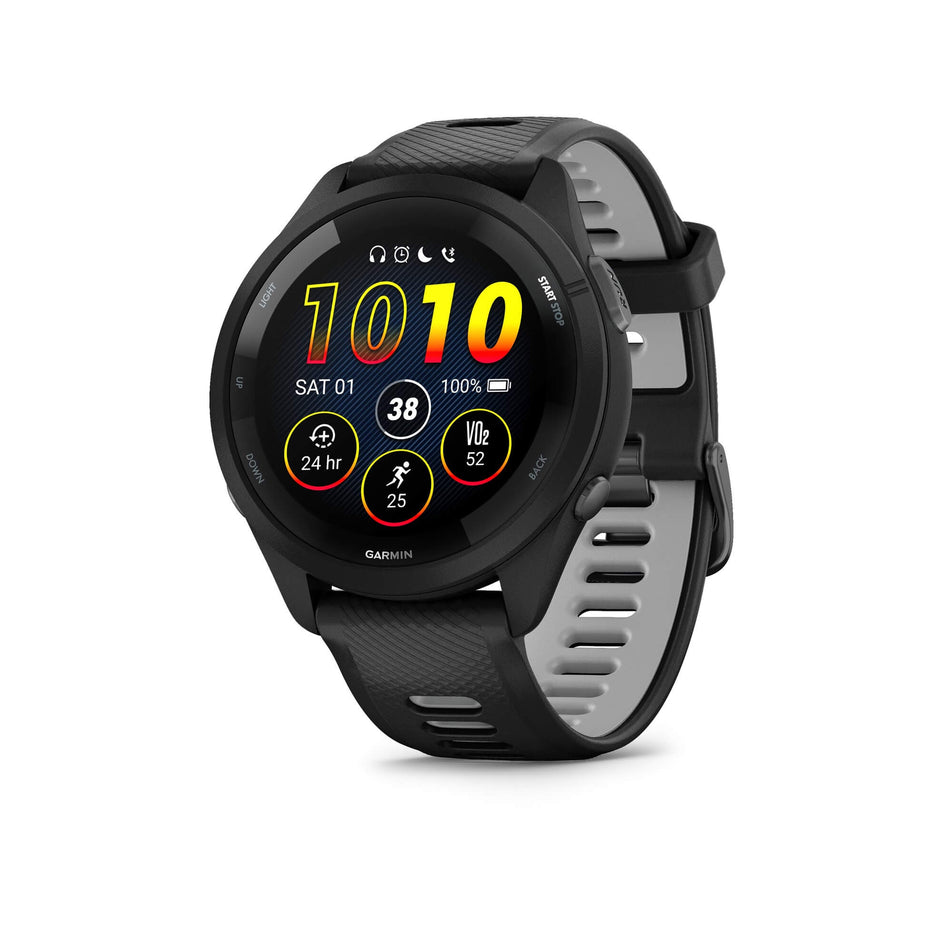 Front view of a Garmin Forerunner 265 Running Smartwatch in the black colourway. (7909875974306)