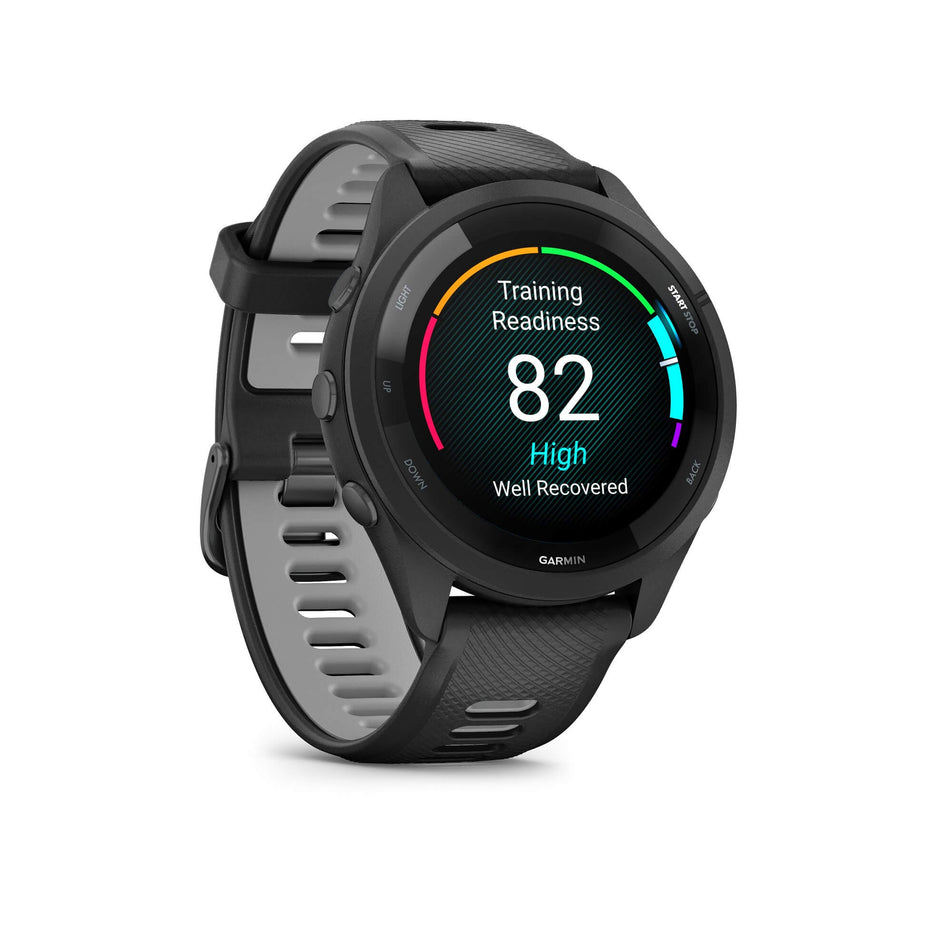 Front view of a Garmin Forerunner 265 Running Smartwatch in the black colourway. Example of a Training Readiness score is visible on the screen.  (7909875974306)