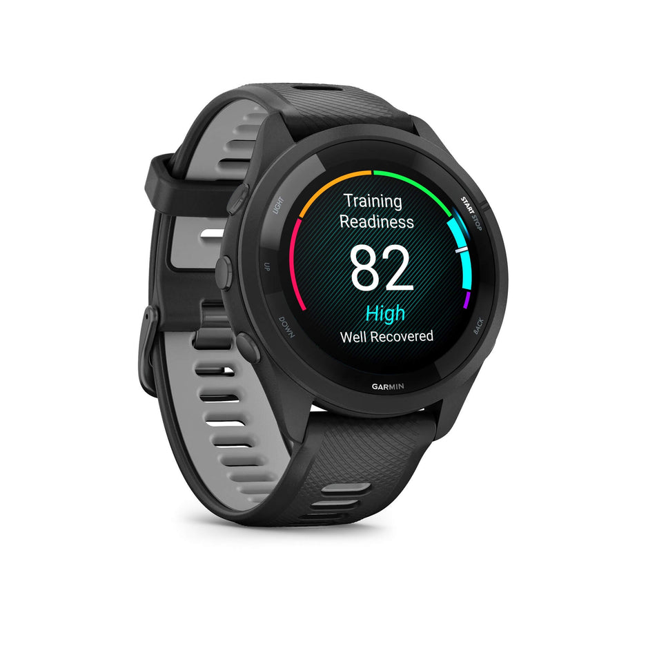 Front view of a Garmin Forerunner 265 Running Smartwatch in the black colourway. Example of a Training Readiness score is visible on the screen. (7909875974306)